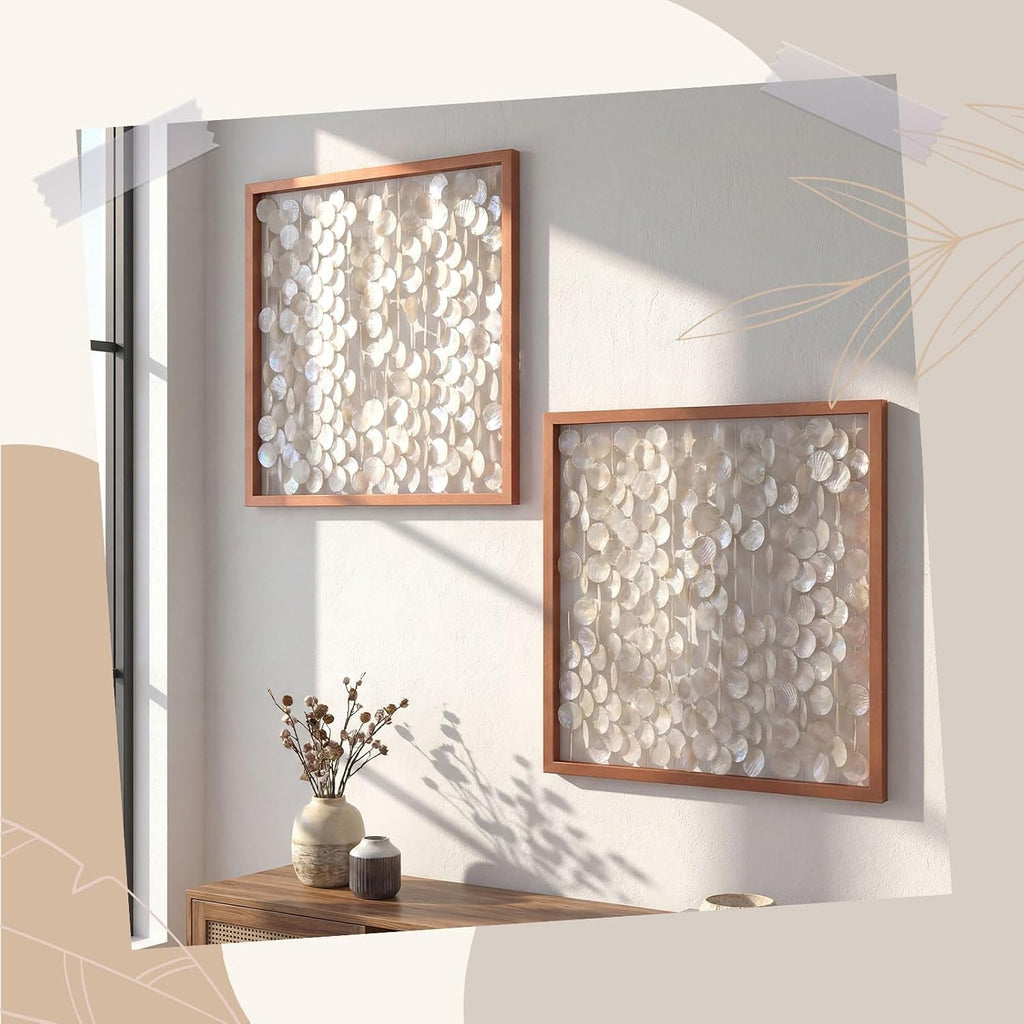 Yerliker 2 Pcs 24"x24" Capiz Shell Wall Decor, Framed Seashell Wall Art