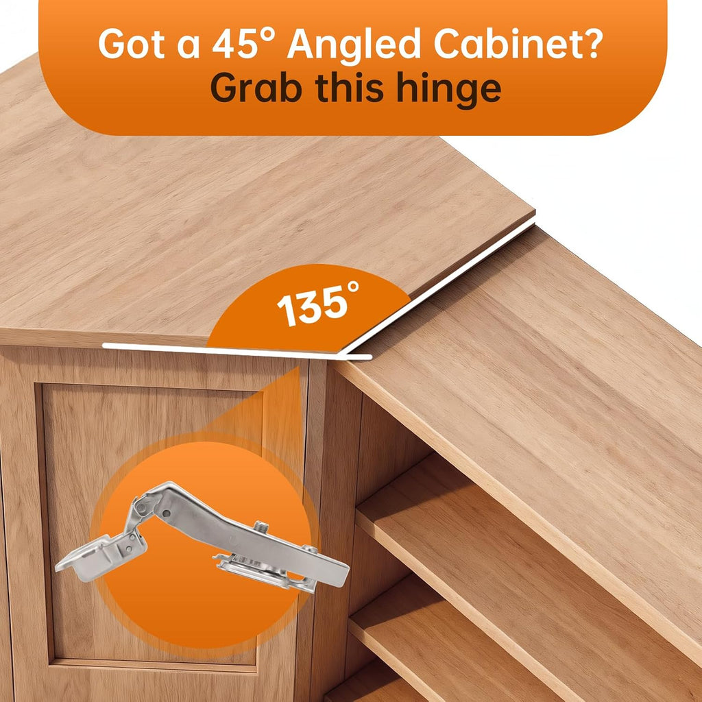 HBL' 2 Pack 45° Corner Cabinet Hinges, 45 Degree Angled Hinge Replacement for Diagonal Wall Cabinets, 35MM European Soft Close Hinges for Frameless Doors