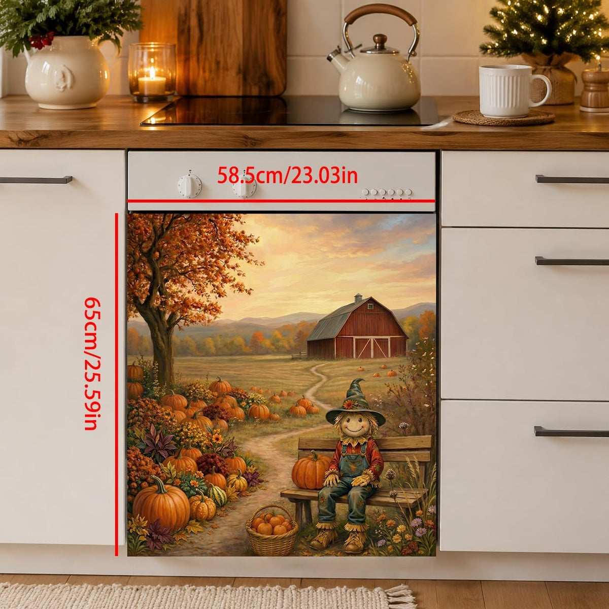 Thanksgiving Dishwasher Magnet Cover 23 x 25.5 Inch, Fall Farm Scarecrow Dishwasher Magnetic Cover, PVC Dishwasher Decorative Magnet for Kitchen Decor