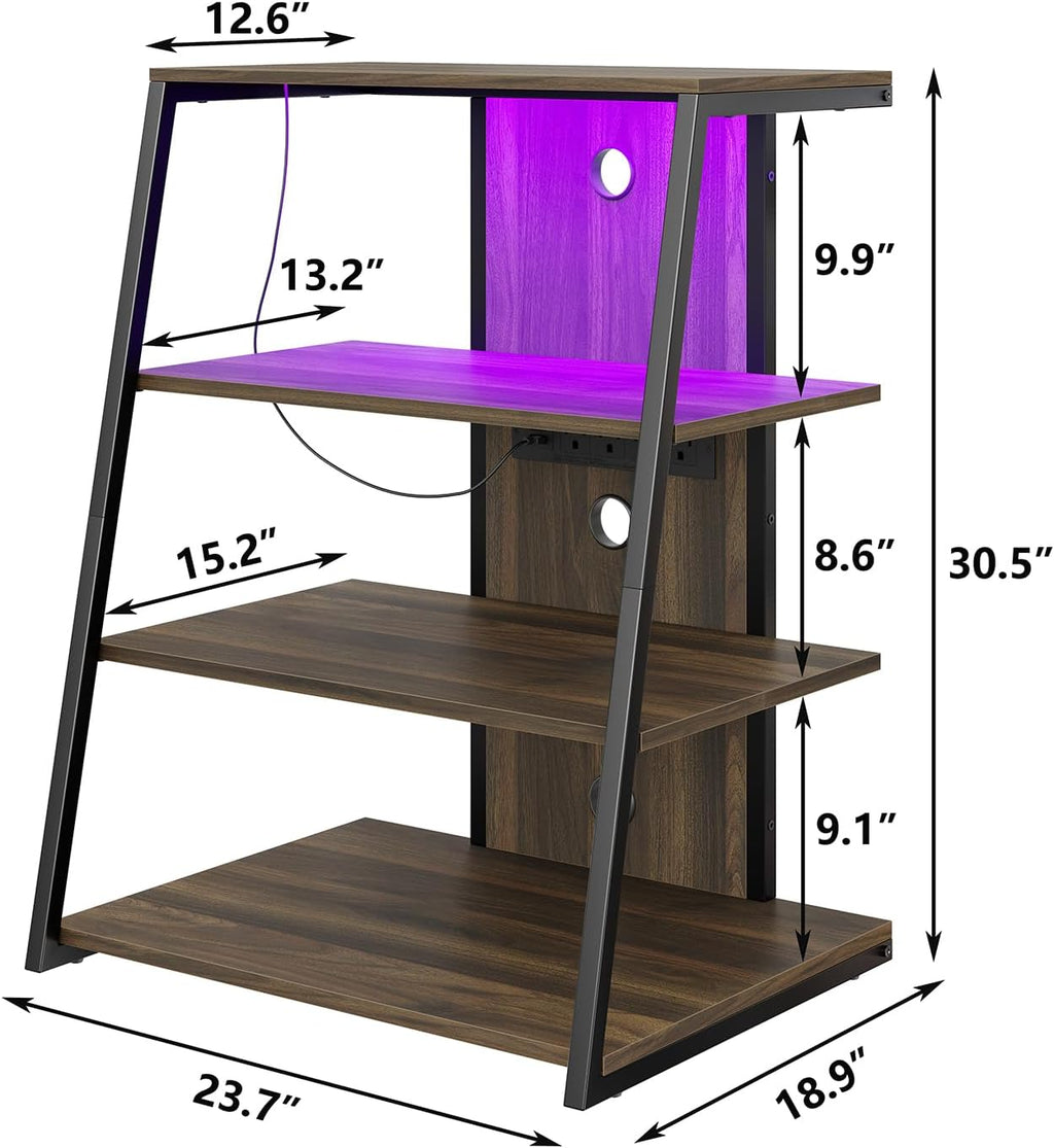 4-Tier AV Media Stand with Charge Station, Corner TV Stand with LED Lights, Rack Audio Tower, Corner Entertainment Center, Stereo Cabinet for/Apple TV/Xbox One/ps4 (Walnut)
