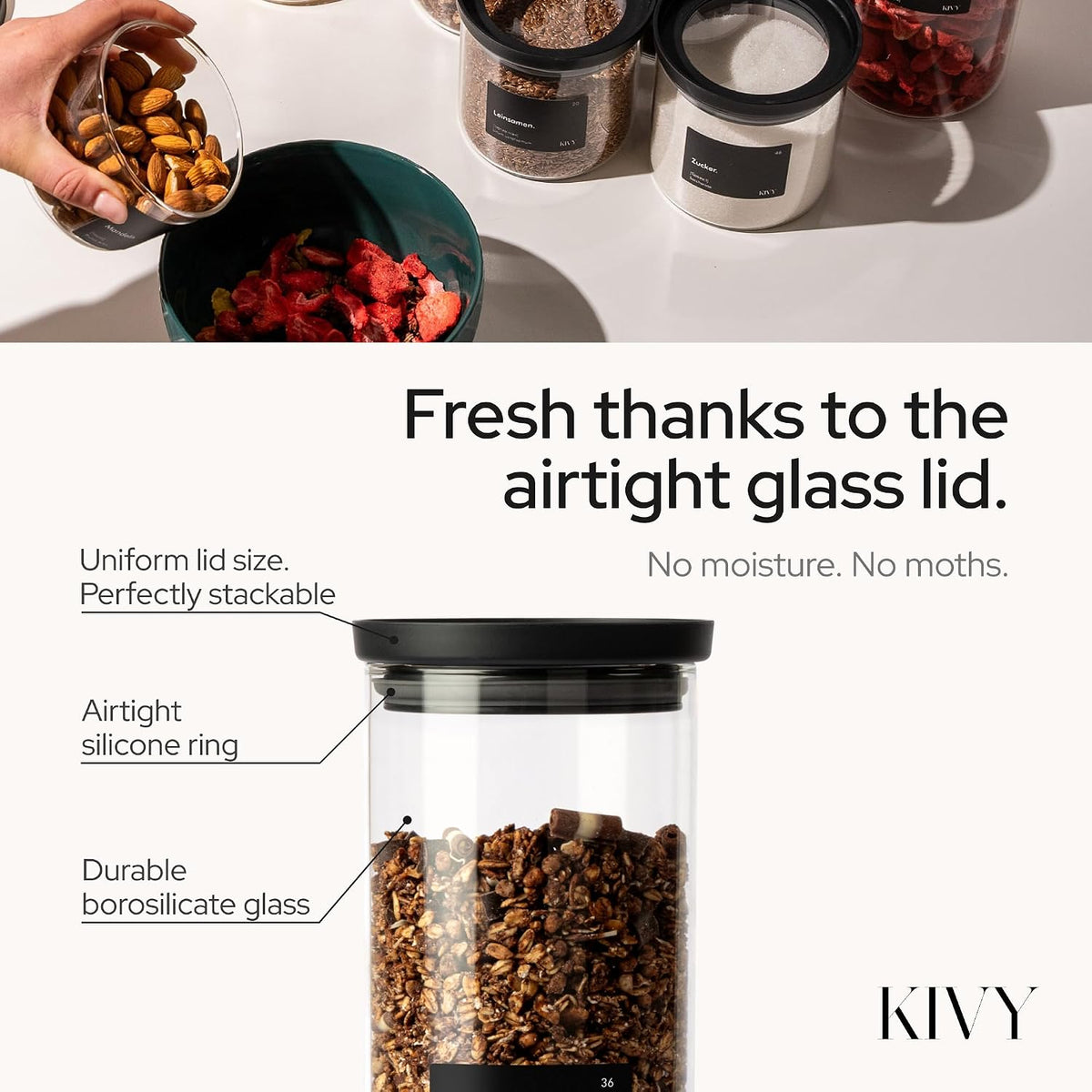 KIVY Airtight Glass Jars with transparent Lids & Labels 3x 40oz - Stackable