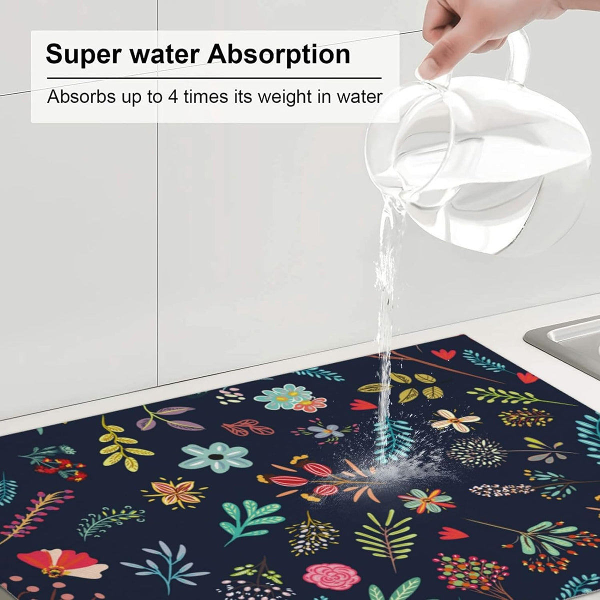 Coffee Pattern Drying Pad, Floral Dish Drying Mat, 18 x 24 Inch