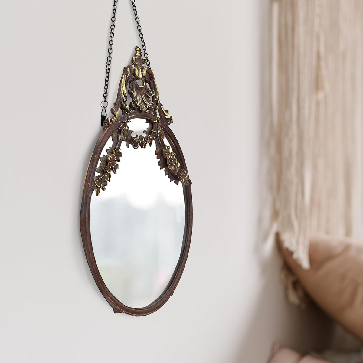 Creative Co-Op Pewter Framed Wall Mirror with Decorative Chain and Antique Finish, Bronze