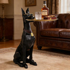 29-Inch Black Resin Geometric Doberman Statue with Tray, Dog Side Table