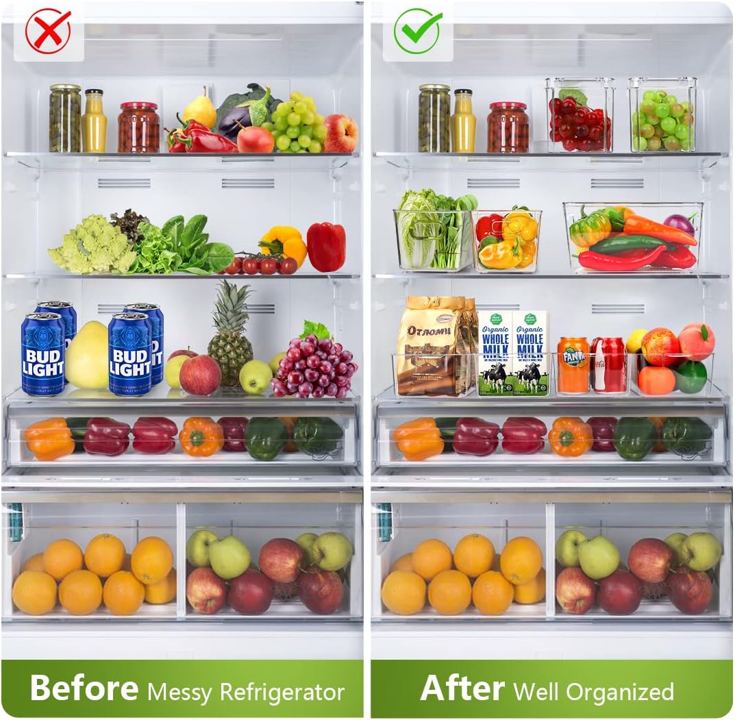 Set Of 10 Refrigerator Pantry Organizer Bins, Clear Plastic Food Storage Bins for Kitchen, Countertops, Cabinets, Fridge, Freezer, Bedrooms, Bathrooms, Fridge Organizer Bins Pantry Storage Containers