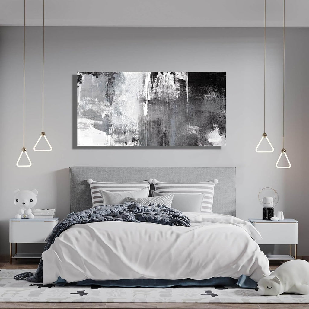 Kureful Black Abstract Wall Art Decor Grunge Room Decor Art Grey Canvas Wall Decoration 20" x 40" Painting Black And White Artwork for Bedroom Home Office Dining Room Decoration