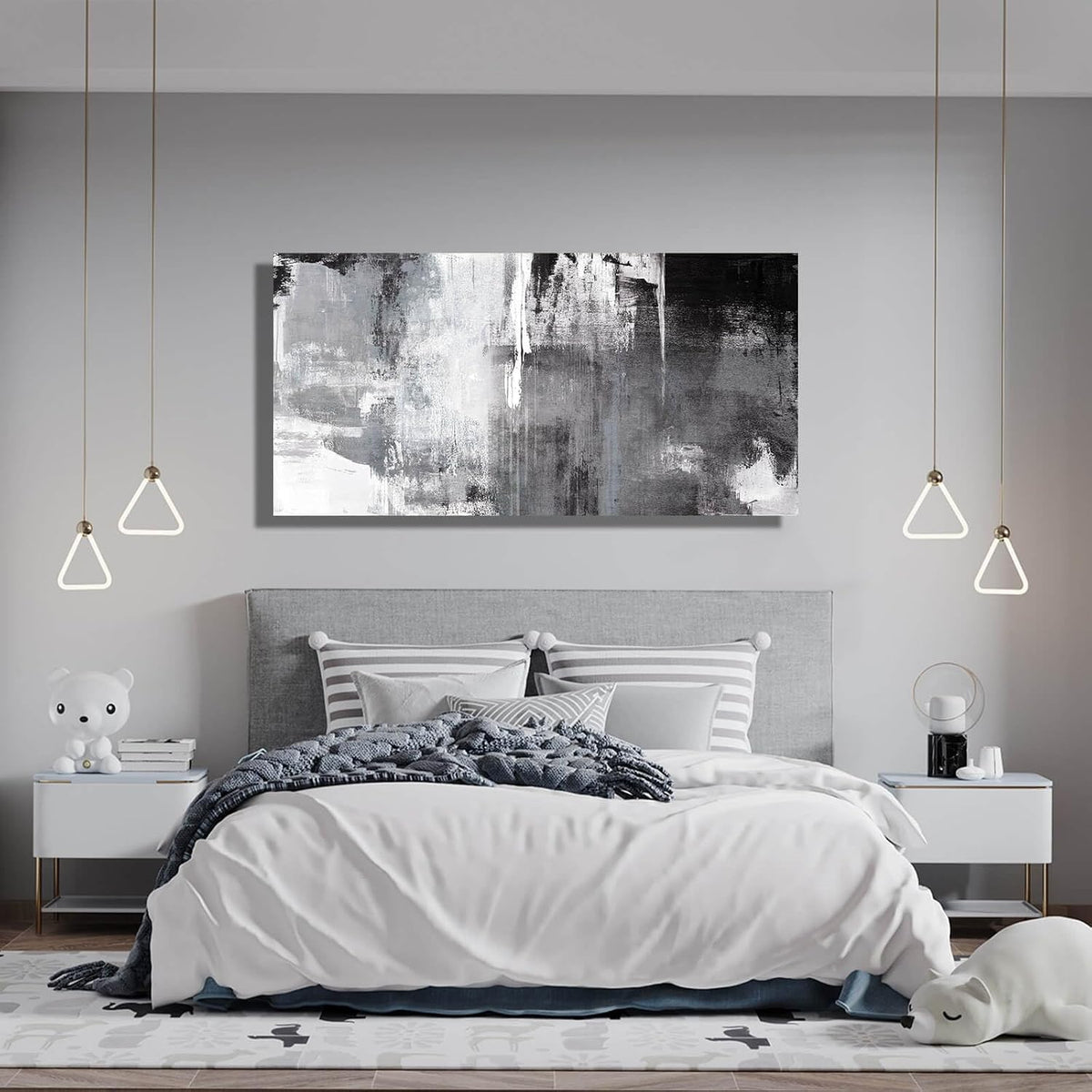 Kureful Black Abstract Wall Art Decor Grunge Room Decor Art Grey Canvas Wall Decoration 20" x 40" Painting Black And White Artwork for Bedroom Home Office Dining Room Decoration