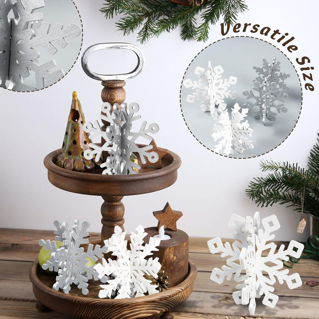 Wooden Snowflake Decorations, 3D Christmas Table Decorations, Set of 6