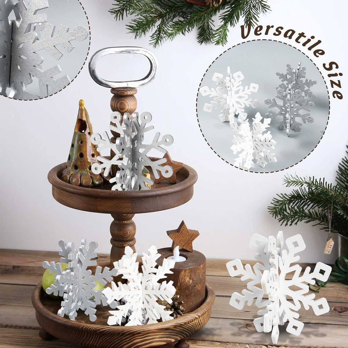 Wooden Snowflake Decorations, 3D Christmas Table Decorations, Set of 6