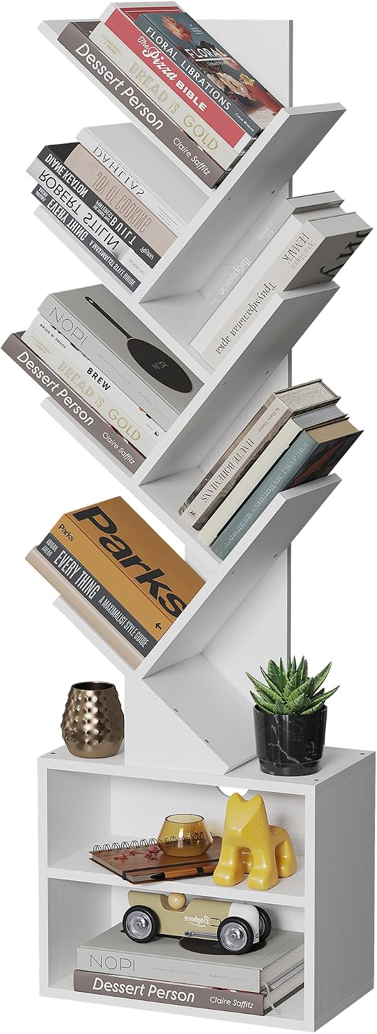 SUNMORY 6 Tier Tree Bookshelf, Tall Small Bookcase with Storage Cabinet