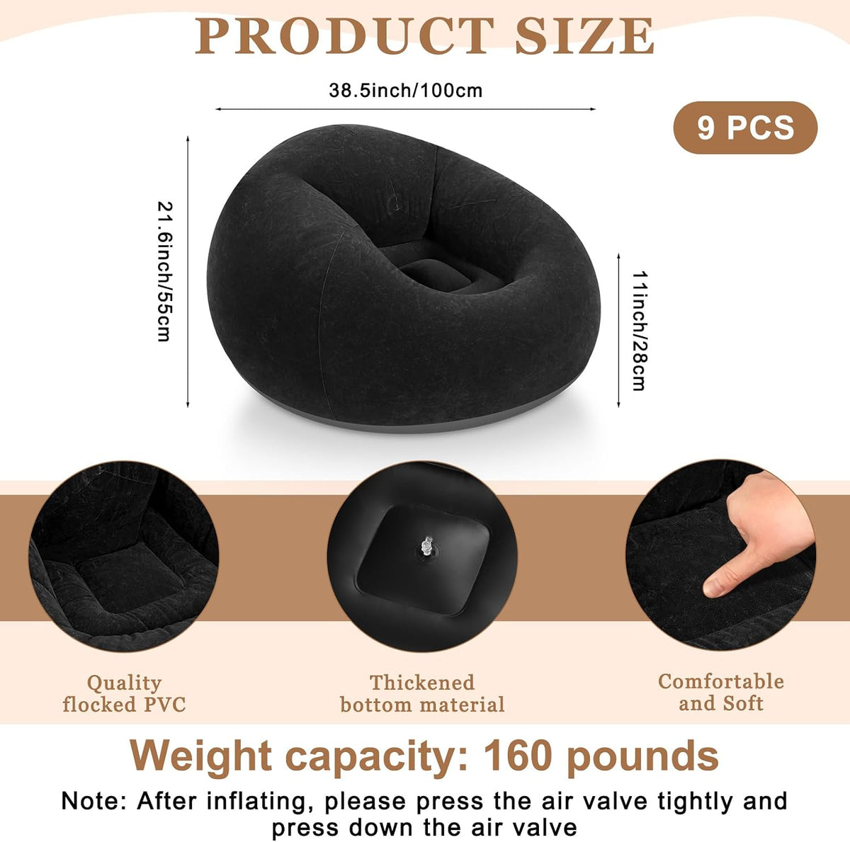 Realspring 9 Pcs Inflatable Bean Bag Chairs, Electric Air Pump, Black