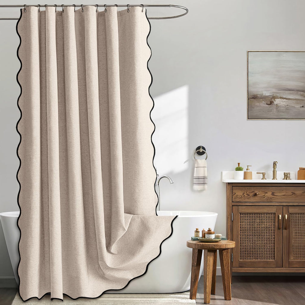 MIULEE Beige Scalloped Linen Shower Curtain 72x72 Inches