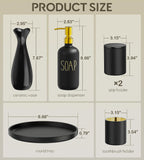 Black Bathroom Accessories Set with Tray, 6pcs Matte Black Bathroom Accessory Sets, Glass Soap Dispenser and Toothbrush Holder Set, Qtip Holder, Ceramic Flower Vase, Bathroom Set Decor