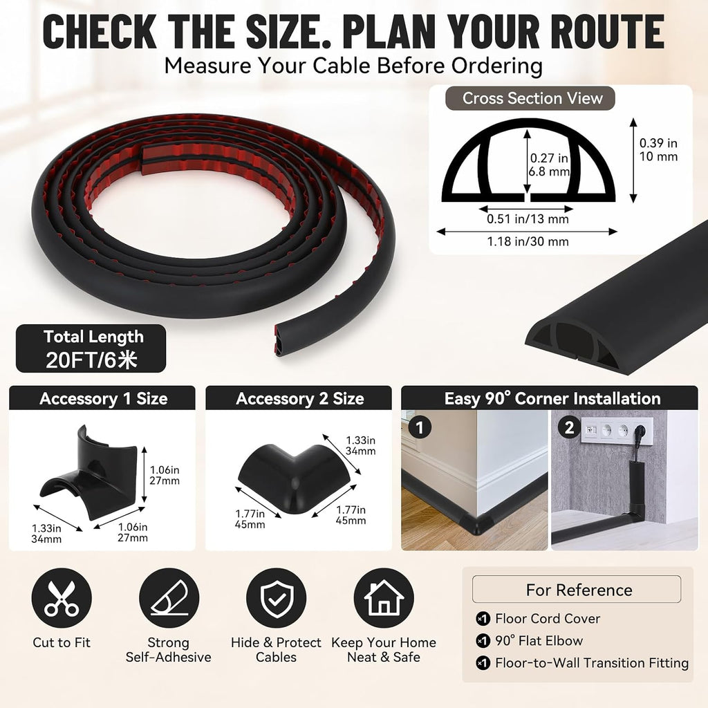 Floor Cord Cover Self Adhesive Cord Hider, Cable Management, Extension Strip Protector for Wires (Black, 1.18" x 20')