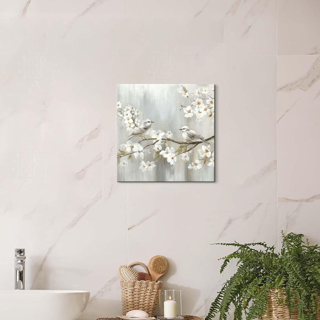 TAR TAR STUDIO White Flowers & Birds Canvas Wall Art - Unframed Nature Decor for Bedroom, Living Room, Office - 12"x12"