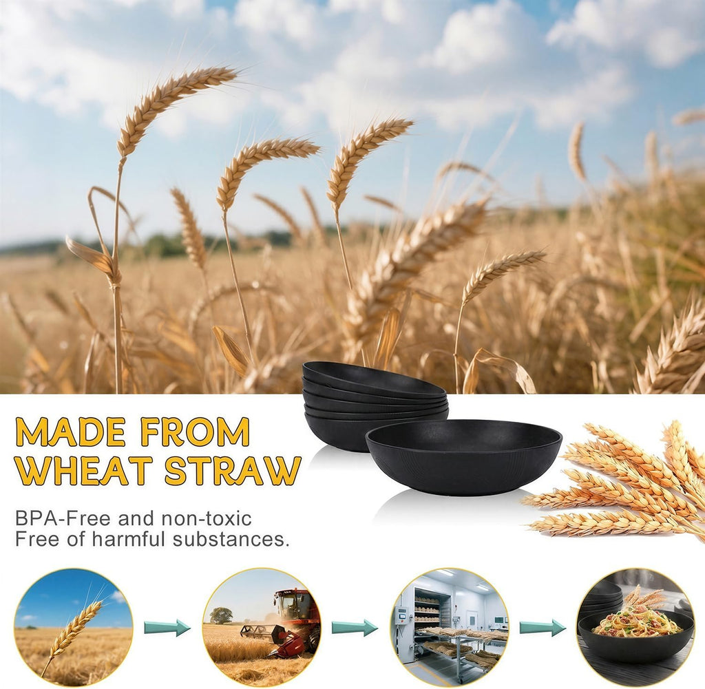 PYRMONT Black Serving Bowls 65 Oz Large Wheat Straw Pasta Bowls(6pcs)