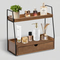 2-Tier Bathroom Countertop Organizer with Drawer, Wood Vanity Shelf Brown