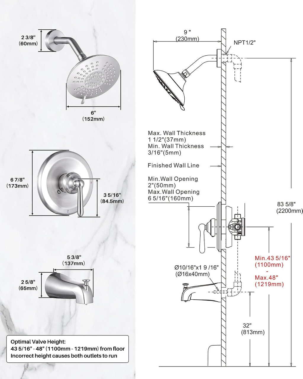 Bathtub Shower Faucet Set with Valve, 6-Inch Showerhead and Tub Spout