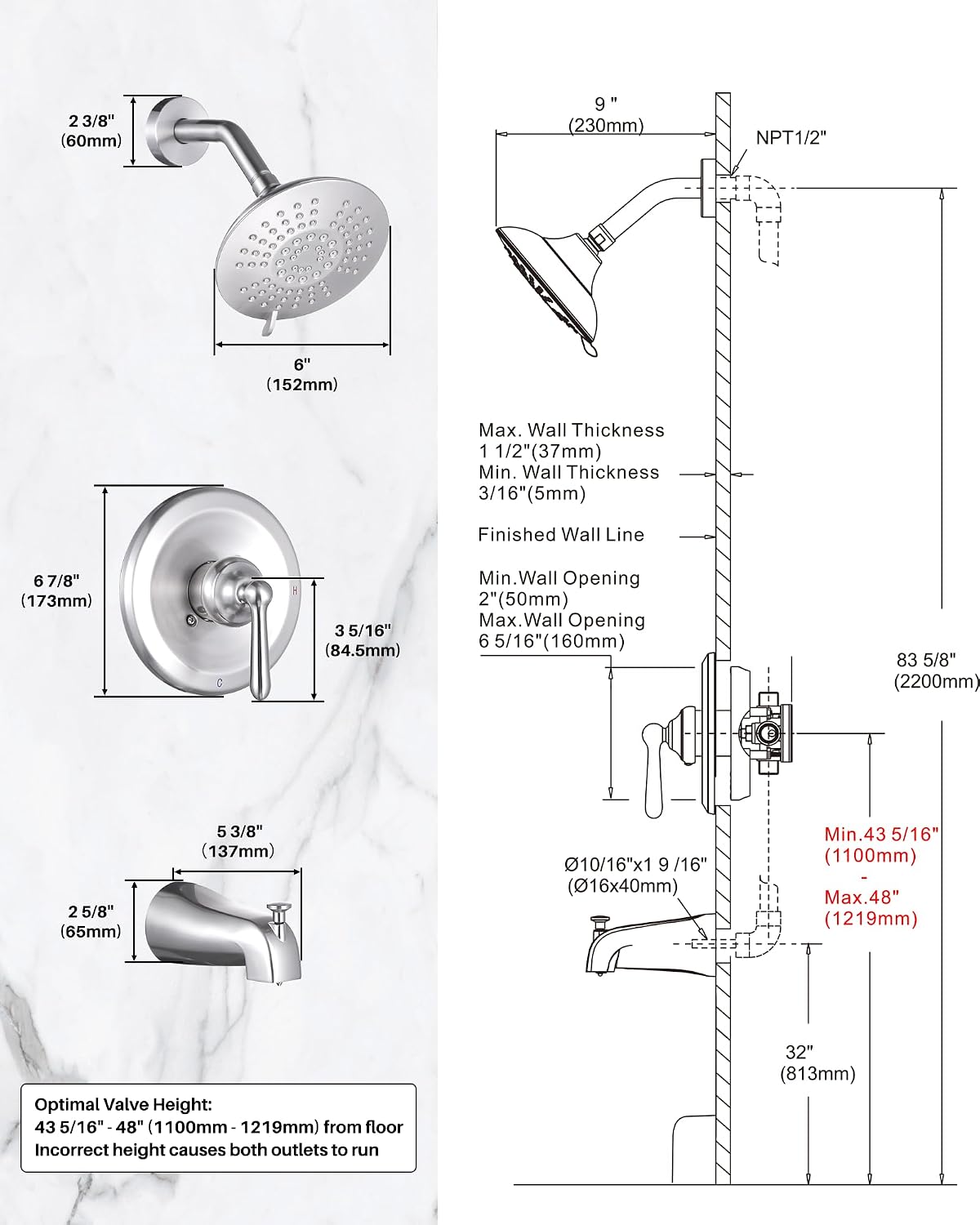 Bathtub Shower Faucet Set with Valve, 6-Inch Showerhead and Tub Spout