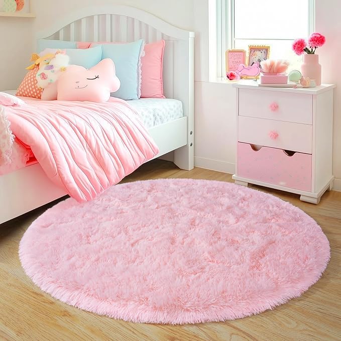 3'x3' Round Pink Rugs for Girls Bedroom, Ultra Soft Fluffy Circle Rug for Kids by Quntue