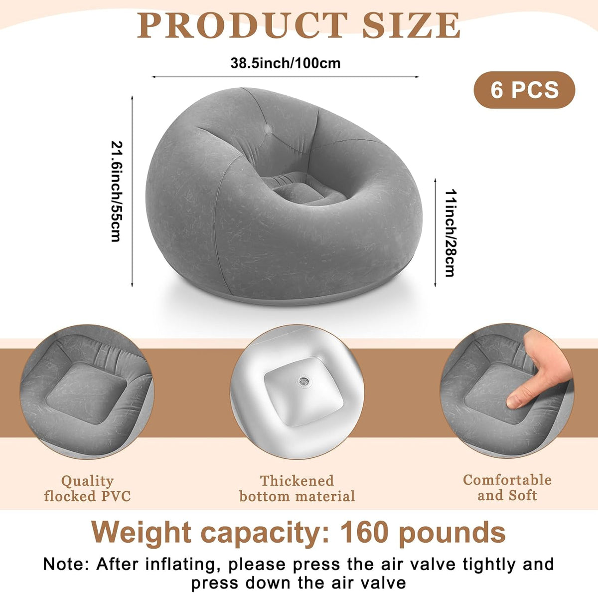 Realspring 6 Pcs Inflatable Bean Bag Chairs, Electric Air Pump, Gray