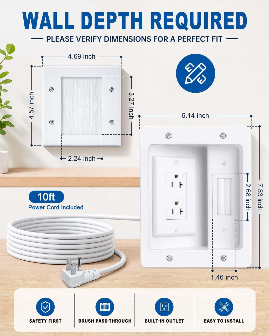 in wall Cable Management KKT with Triple Outlet, recessed Outlet with Brush Wall Plate, 9ft Cord, tv Cord Hider for Wall Mounted tv, for HDMI Cables and Home Theater Systems