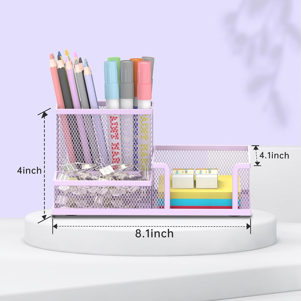Mesh Pen Holder Desk Organizer, Office Supplies Pencil Storage with 3 Compartments, Office Desk Accessories and Workspace Organizers for Home School Classroom, Purple