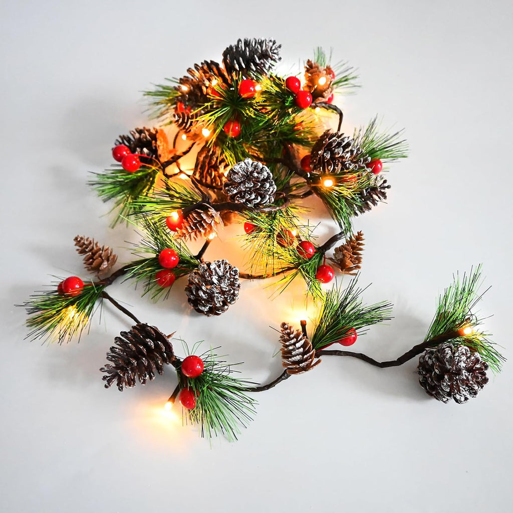 2026 Upgraded Christmas Garland Lights 9.84FT Holiday Prelit Garlands Pine Cone with Red Berry Battery Operated with Timer Garland Wreath Xmas Decor Lights for Outdoor Indoor Christmas Home Decoration