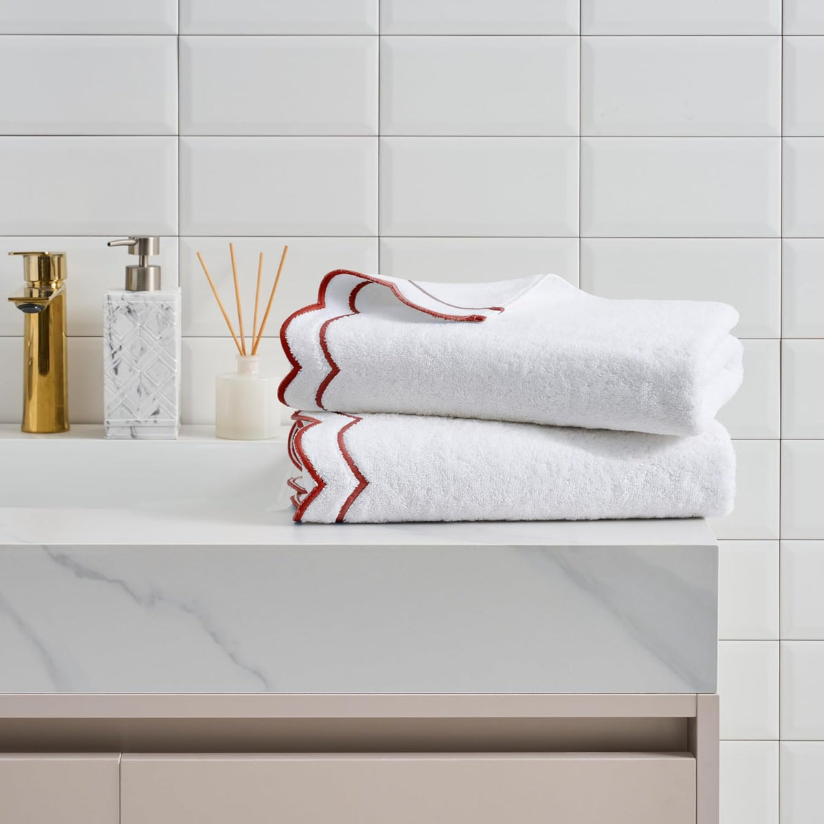 Peri Home 100% Cotton Hand Towel for Bathroom, Embroidered, Soft & Absorbent, 500 GSM, 1 Piece, 16" x 27", White with Blush Scallop
