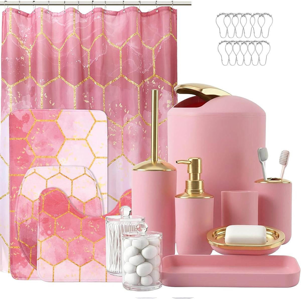 9 Pieces Teal Bathroom Accessories Set Gorgeous Gold Bathroom Set, Trash Can, Toilet Brush, Soap Dispenser, Toothbrush Holder, Soap Dish, Tumber, Qtip Holder, Tray, Sink Countertop Set
