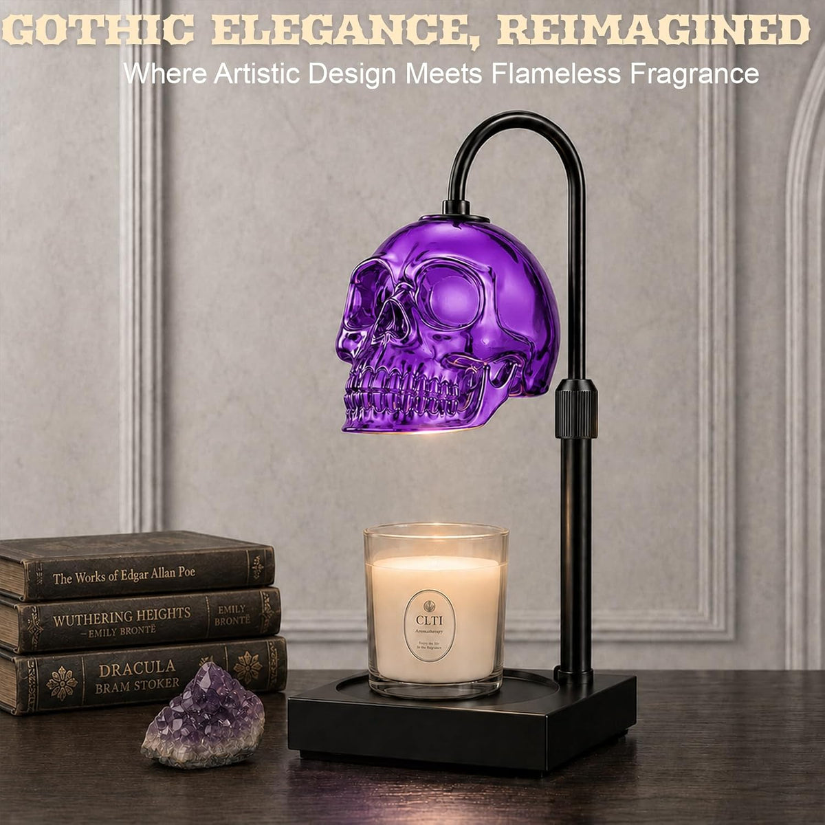 Skull Candle Warmer Lamp with Timer & Dimmer, Gothic Skull Wax Warmer Lamp for Jar Candles, Adjustable Height Skeleton Candle Light Warmer with 2 Bulbs, Spooky Goth Home Decor Gifts (Purple, 1pack)