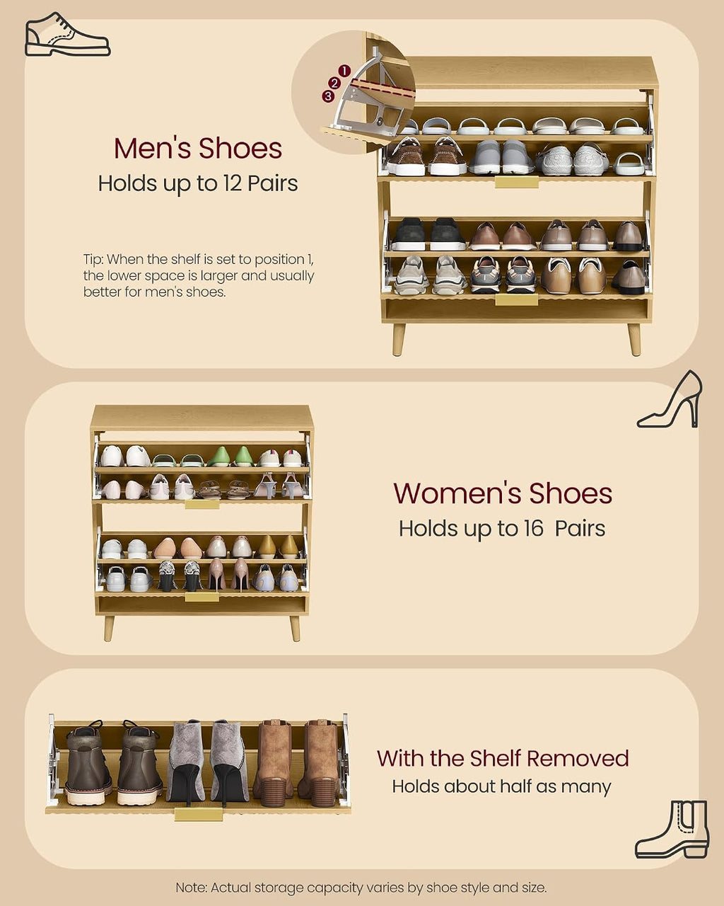 VASAGLE Shoe Storage Cabinet with 2 Flip Drawers, Narrow, Fits 12-16 Pairs