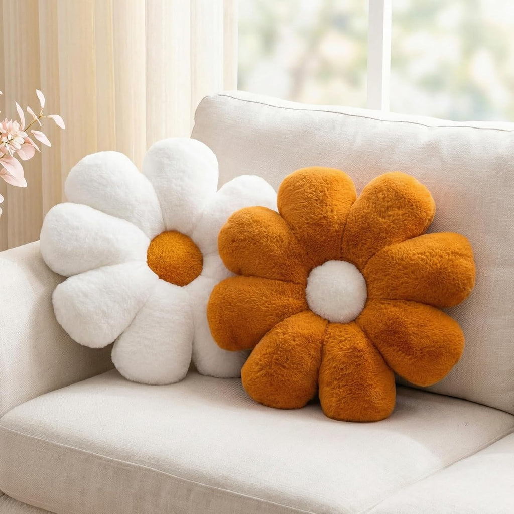 2 Pcs Flower Pillow Set, Brown White Cute Decorative Throw Pillows