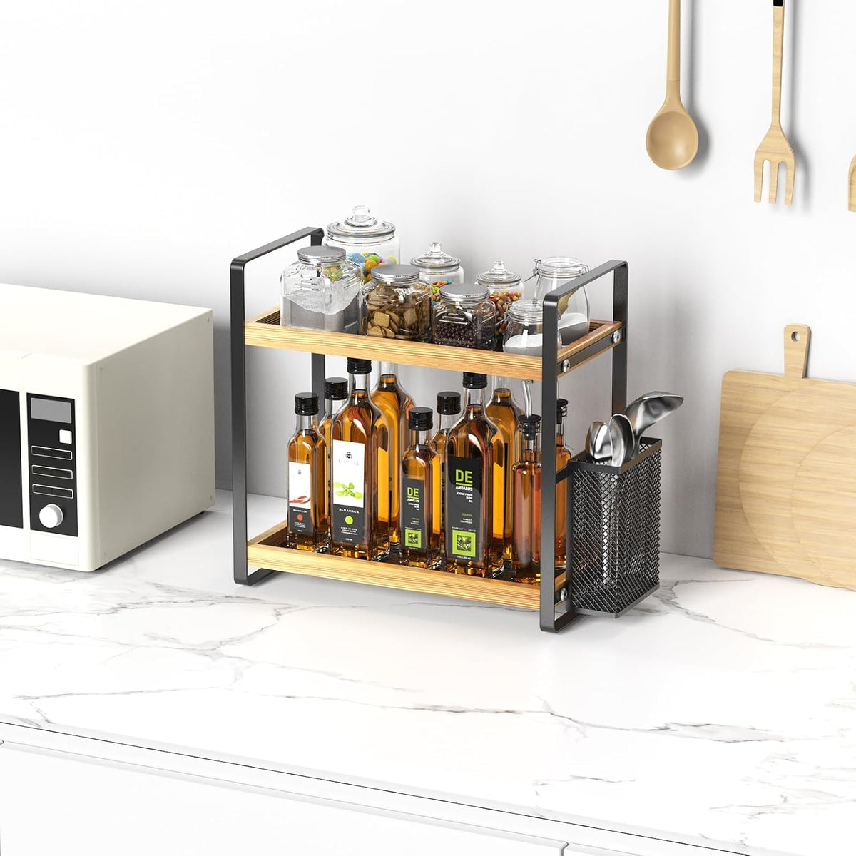 2-Tier Coffee Bar Organizer With Basket,Wooden Counter Shelf for Coffee Bar Accessories,Kitchen Spice Rack Organizer for Countertop-Brown