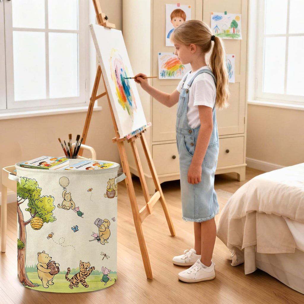 Oval Neutral Classic Winnie Bear Baby Laundry Basket Hamper for Nursery
