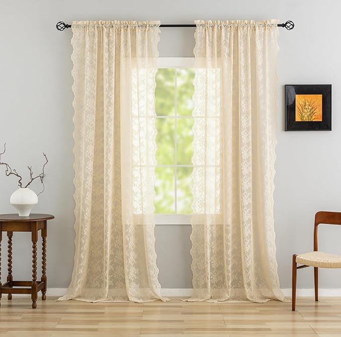YJ YANJUN Vintage Lace Curtains-Victorian Floral Sheer 80 inch Long Curtains - Image 2