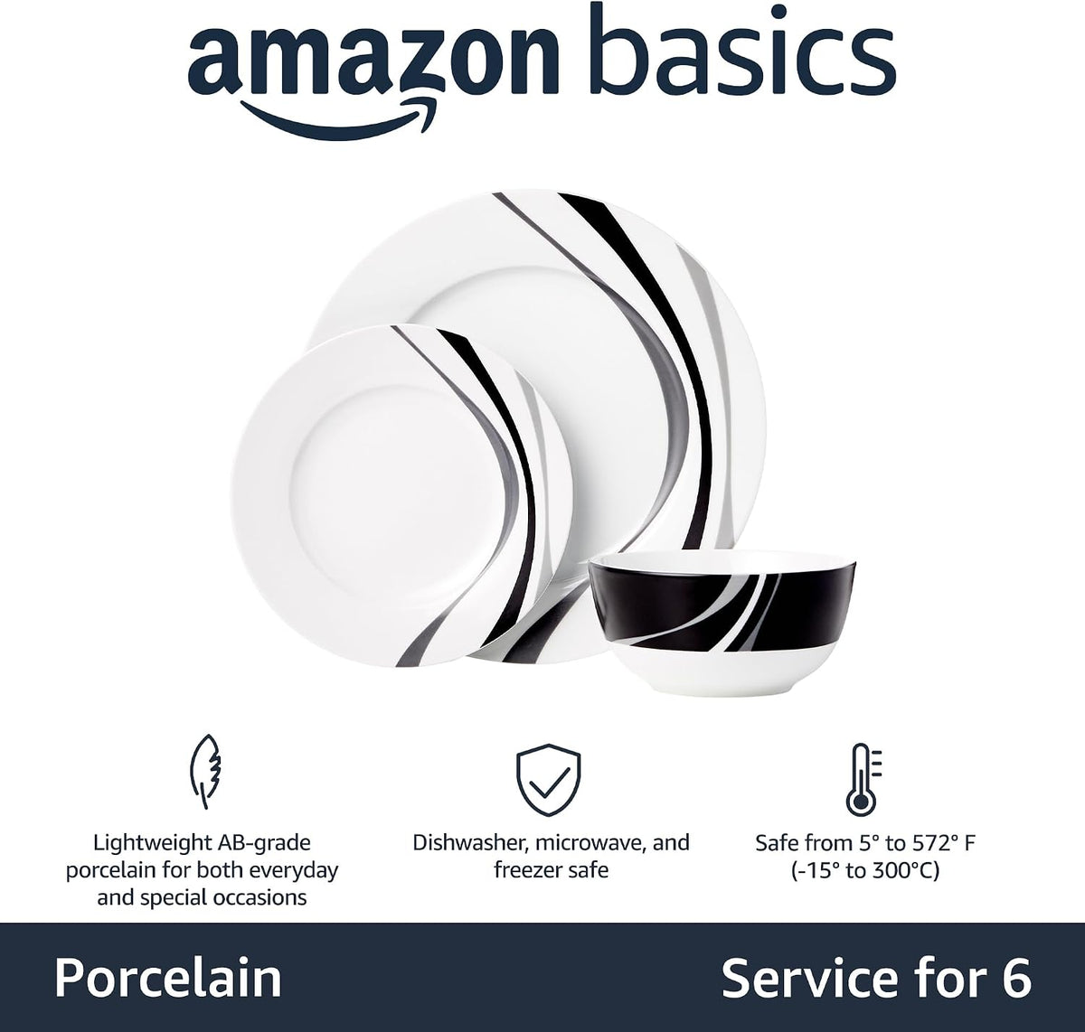 Amazon Basics 18-Piece Complete Kitchen Dinnerware Set, Microwave and Dishwasher Safe, Plates, Dishes, Bowls, Swirl, Heat Resistant, Service for 6, Everyday Use