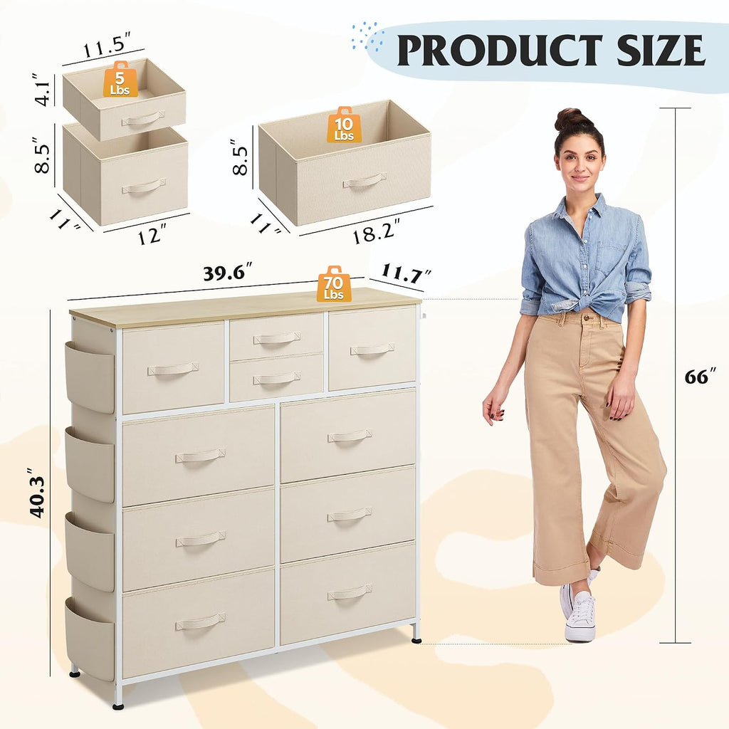 WLIVE 10 Drawer Fabric Dresser for Bedroom, Side Pocket Chest, Cream White