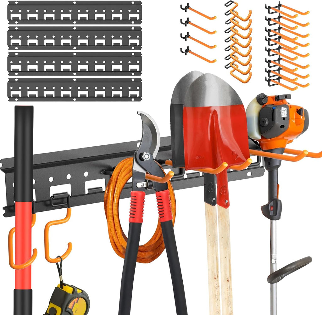 Garden Tool Organizer Wall Mount - Garage Storage and Organization Yard Tool Hanger with Adjustable Pegboard Hooks Shed Rack for Broom Mop Shovel Rake Trimmers, 48 inch Max 550lbs, Black