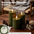 LEDHOLYT Rechargeable Ribbed Fluted Real Wax LED Flameless Candles with Remote and Timer, Flickering Fake Flame Candles for Festival Wedding Home Party Decor(Olive Green)
