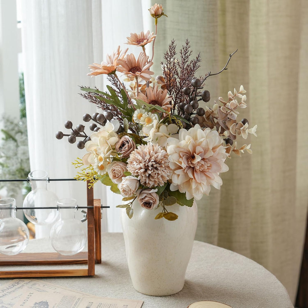 16-inch Artificial Fake Flowers Silk Table Arrangements Faux Plastic Floral Centerpieces for Home with Roses, Dandelions, Daisies, Hydrangea, Eucalyptus, Chrysanthemums and Hollyberries