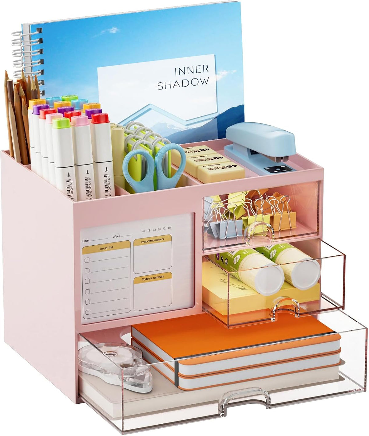 Marbrasse Desk Organizer with 3 Drawer, Multi-Functional Pencil Pen Holder for Desk, Desk Organizers and Accessories with 4 Compartments, Desktop Organizer Storage for Office Home Supplies (Green)