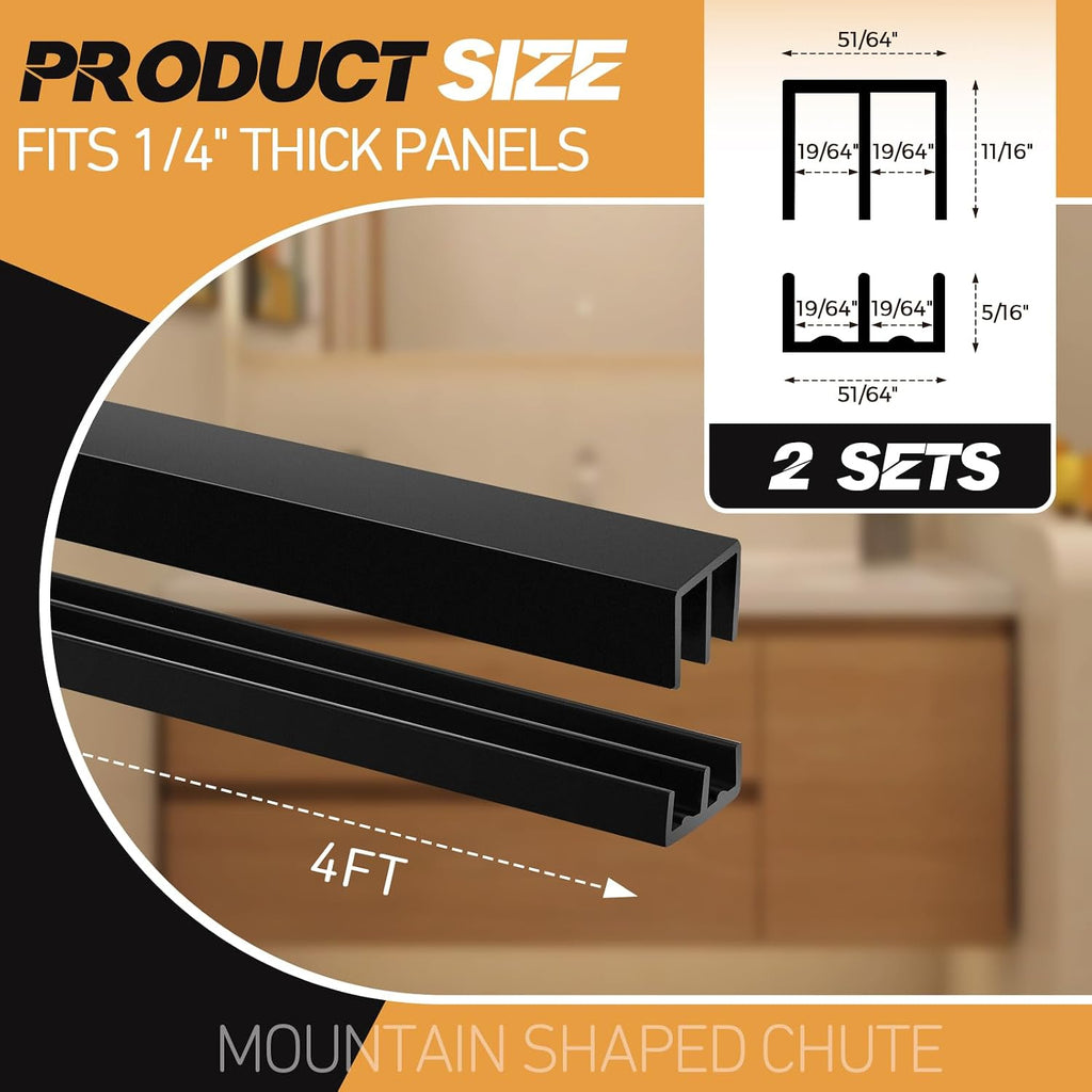 Landical 2 Sets Plastic Sliding Door Track Set for Cabinet Double Rails Panel Kit, 1/4" Thick Panels Glass Door Hardware System Window Track Quick Installation(4ft,Black)