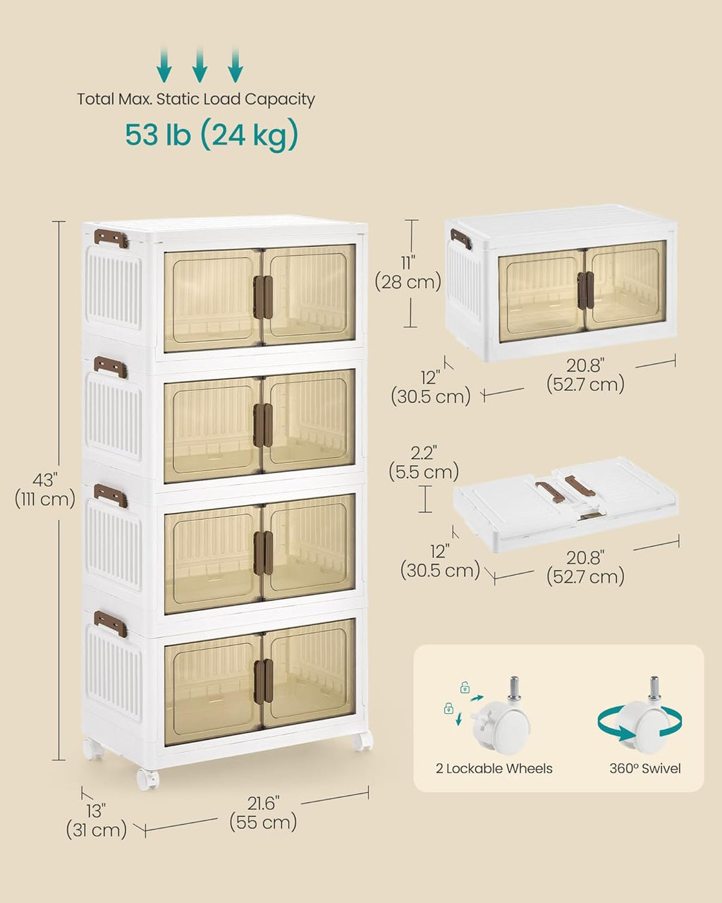SONGMICS 48QT stackable storage bins with 1 Lid, 4-Tier Foldable Bins