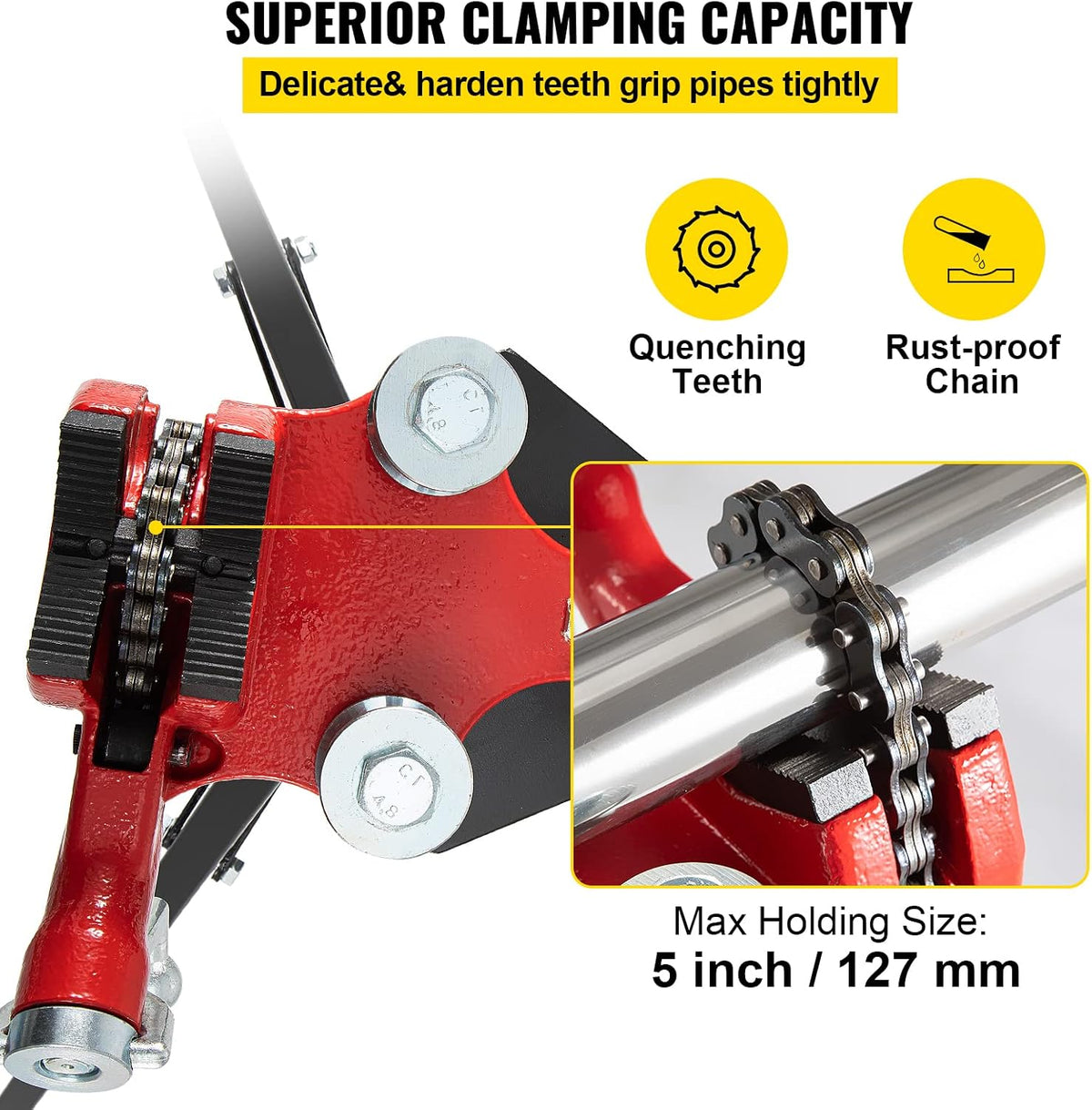 VEVOR Tripod Pipe Chain Vise, 1/8"-5" Pipe Capacity, 36.4“ Length Chain Vise Stand with Portable Folding Steel Legs, for Grabbing, Supporting and Bending Pipes in Factory, Workshop and Home