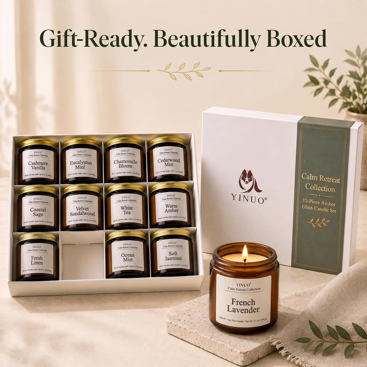 YINUO LIGHT 12 Scented Candles Gift Set, Soy Wax, Amber Glass, 3.5 oz