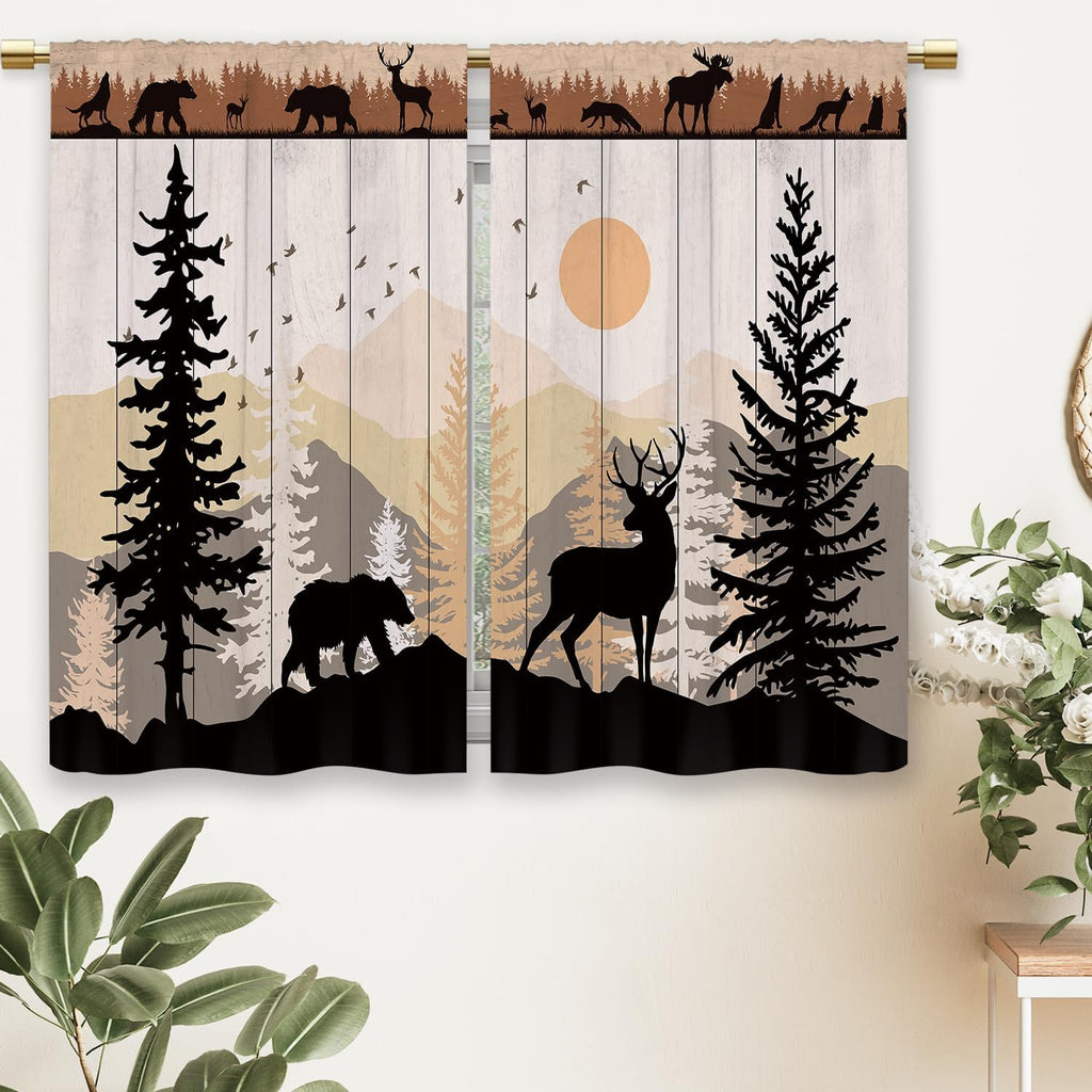 Farmhouse Forest Cabin Kitchen Curtains Rustic Wooden Small Short Cafe Window Curtains Tree Country Deer Bear Rod Pocket Bathroom Window Drapes Treatment Tier Curtains 2 Panels (26x24 Inch)