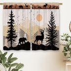 Farmhouse Forest Cabin Kitchen Curtains Rustic Wooden Small Short Cafe Window Curtains Tree Country Deer Bear Rod Pocket Bathroom Window Drapes Treatment Tier Curtains 2 Panels (26x24 Inch)