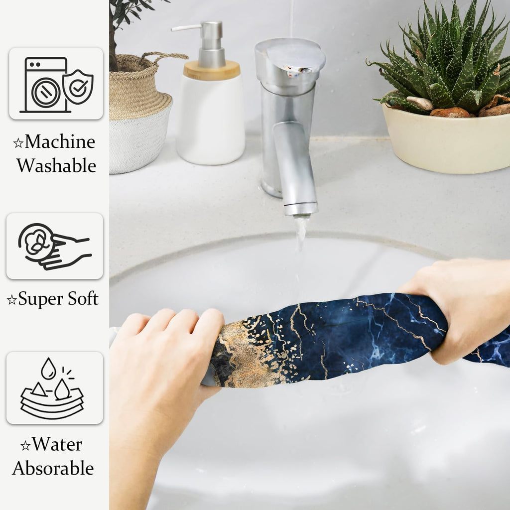 HAISUKA Blue & Gold Marble Lightweight Bath & Kitchen Towels - Soft, Absorbent Modern Decor