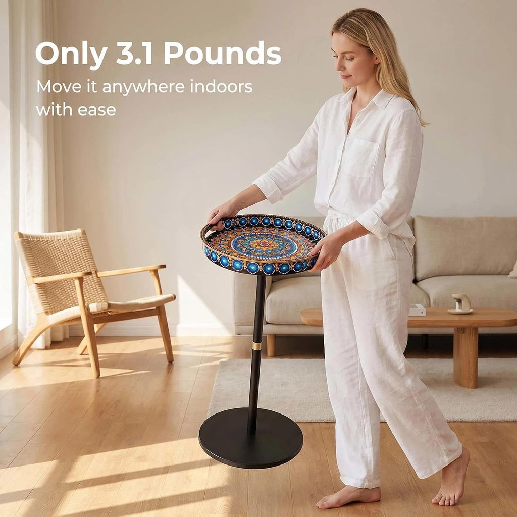 Gesodant Boho Single Leg Round Side Table with Tray Top, Pedestal Drink Table for Small Spaces, Aesthetic Accent Nightstand for Living Room, Bedroom, Corners, and Office (Peacock)